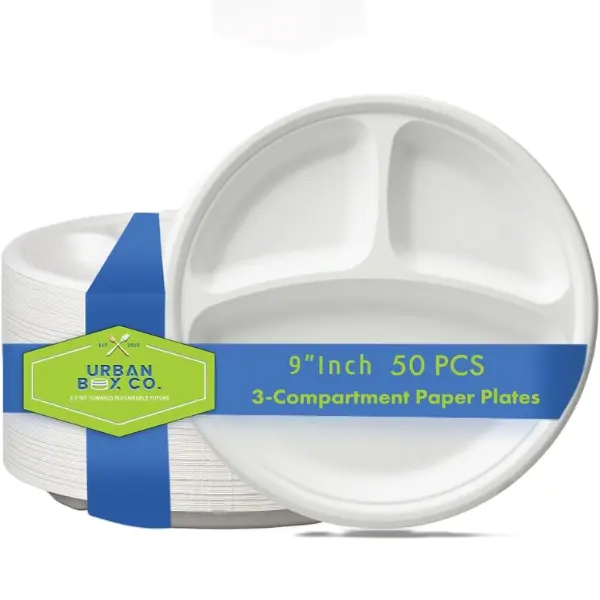 Urban Box Co. 9-Inch 3-Compartment Paper Plates, Heavy-Duty & Sturdy Sectional Compostable Dinner Plates, Perfect for Everyday Use, Eco-Friendly & Biodegradable Disposable Plates