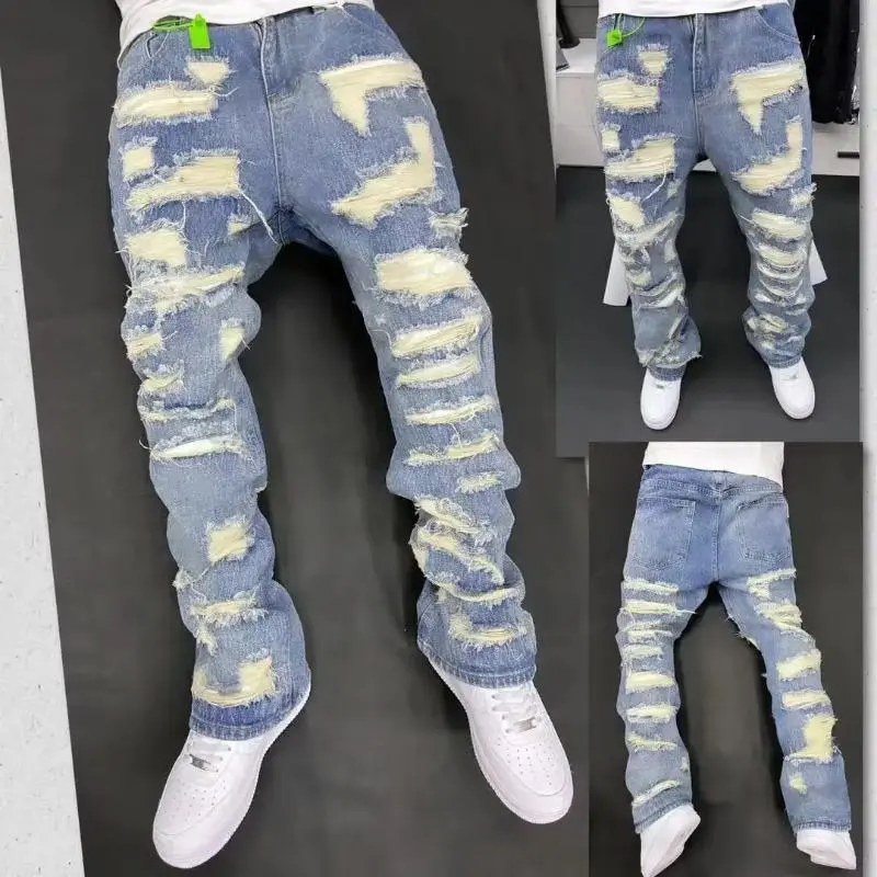 Vintage American Fashion Menswear Denim Joggers - Slim Cut, Ripped Details, Durable Fabric, Hip Hop Street Style Jeans Clothes for Casual Outings, Worn Effect (Sports & Outdoor Clothing), Xxxl
