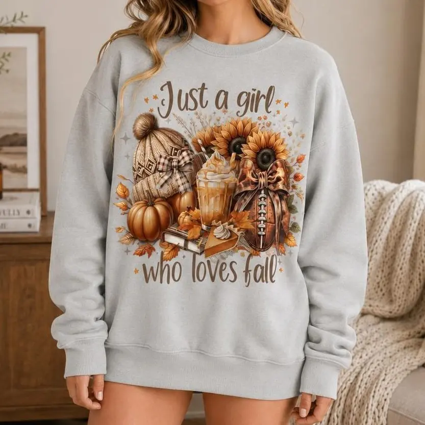 Just a Girl Who Loves Fall Sweatshirt for Women, Pumpkin Sunflower Pumpkin Spice Coffee Graphic Crewneck, Cozy Autumn Pullover, Cute Fall Season Thanksgiving Gift for Her