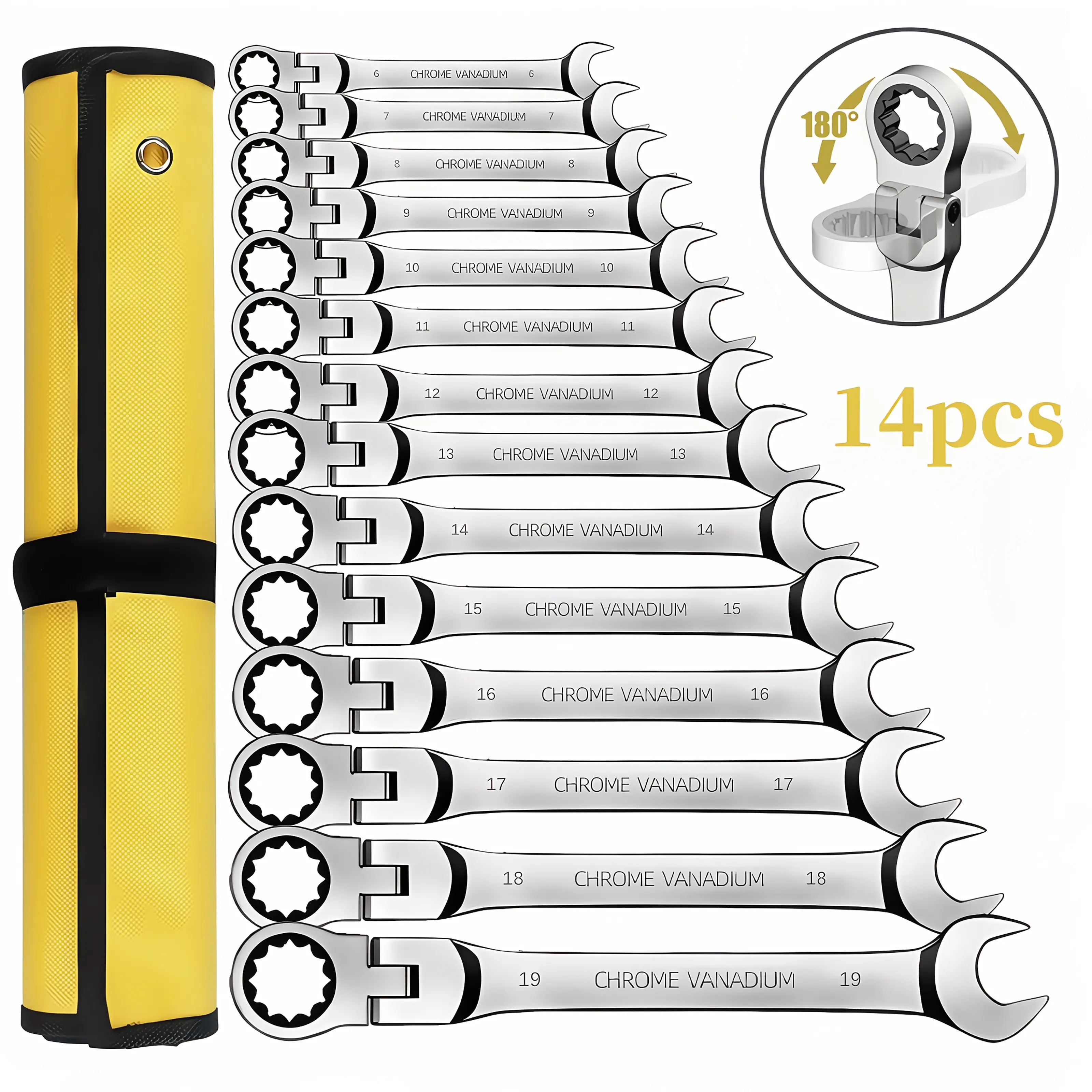 14-Piece Ratcheting Wrench Set, Multifunctional Metric 6-22MM Chrome Vanadium Steel Flex-Head Combination Spanners with Carrying Bag for DIY Home Repair (Summer Vibes), Multifunctional Wrench