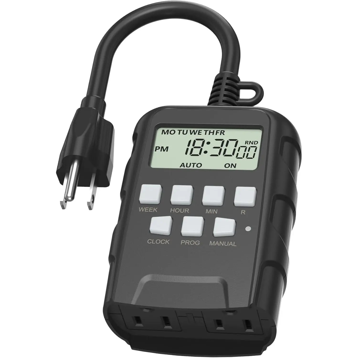 Heavy-Duty Rectangle Plug-In Type Digital Display Outdoor Wall Socket Timer - 7-Day Programmable, 125V, 60Hz, Dual Outlets, 1875W 1/2HP, ETL Listed, Power Control for Lamps, Ponds