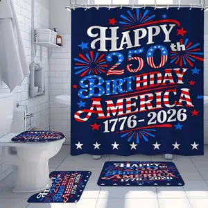 4 PC Celebrate Independence Day with this vibrant red white and blue bathroom set featuring shower curtains floor mats and toilet covers with patriotic designs perfect for home decoration and bathroom renovation ideal for showing your American spirit in s