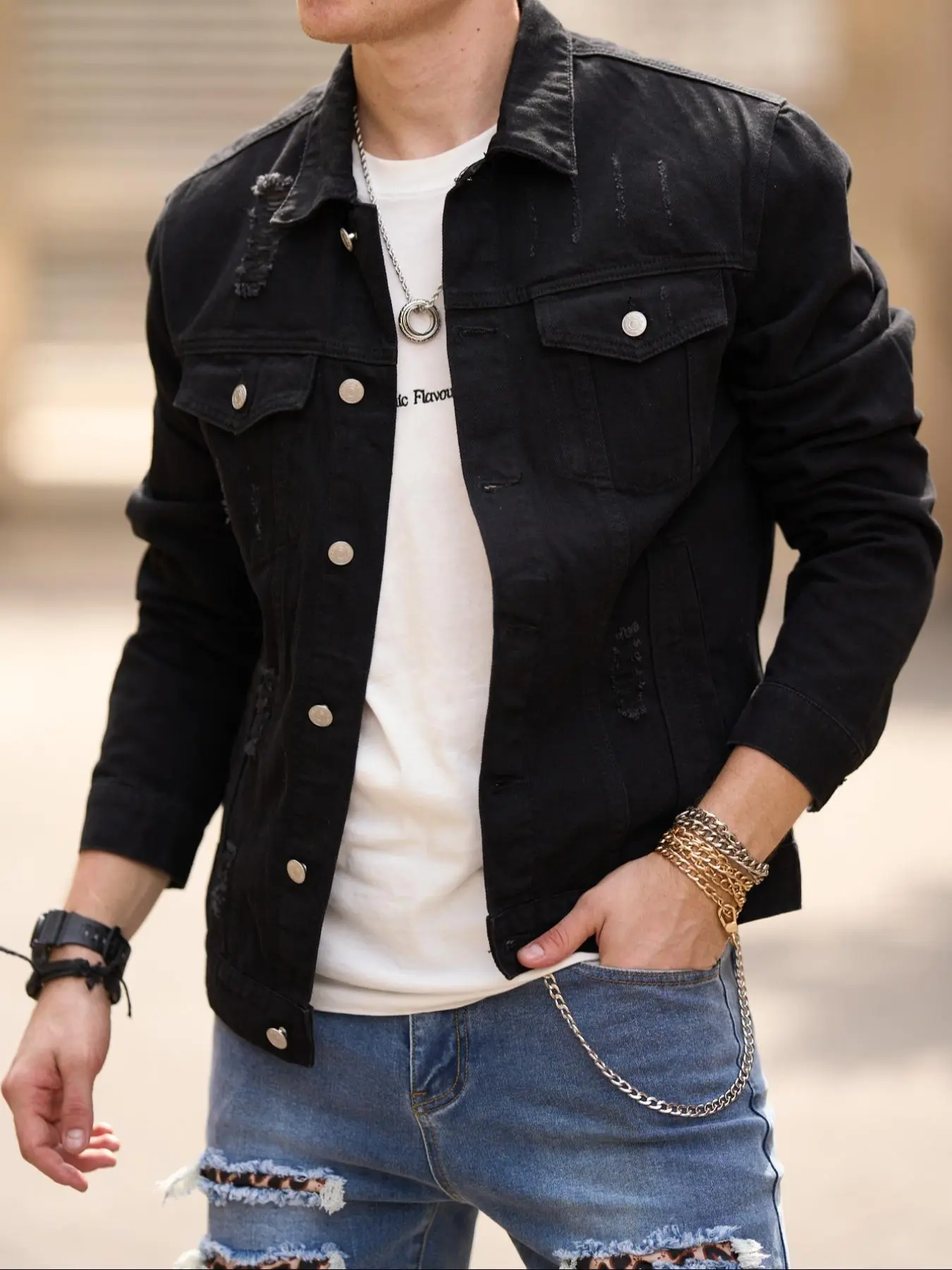 Men's Solid Color Ripped Denim Jacket, Casual Fashion Comfy Regular Fit Jean Coat for Daily Outdoor Wear, Menswear for All Seasons, Casual Collared Coats