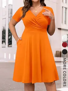 New Spring Summer Women's V Neck Dress with Side Pockets, a Line Knee Length, Elegant Fashion Versatile High-End Feel