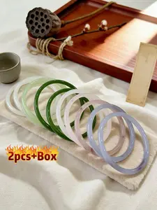 Chinese Style Ding Dang Jade Tie Dye Pattern High Quality Premium Exquisite Bracelet Set with Gift Box, 2 Piece Jewelry, Perfect for Blessing and Memorial Collection, Size 62mm