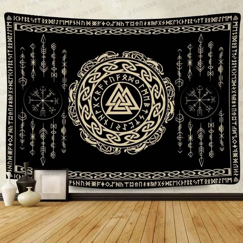 Nordic Viking Valknut Celtic Rune Decorative Tapestry, 80x60in Soft Flannel Hangable Wall Hanging, Tribal Scandinavian Mythology Indoor Room Decorations for Bedroom, Living Room