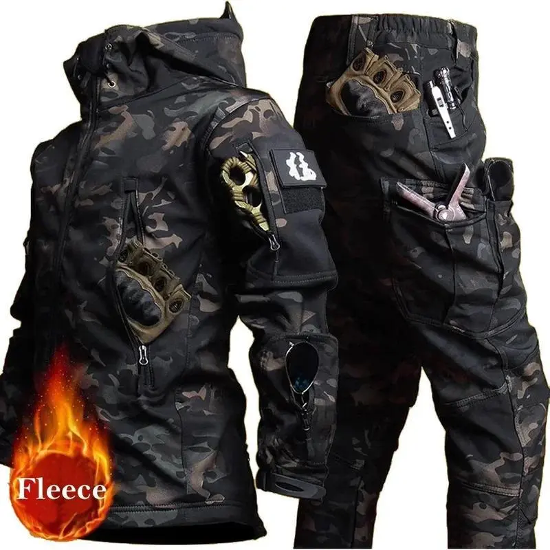 New Men's Winter Jacket Tactical  Sets FleecedWindproof Waterproof Padding Suits  Uniform Pockets Camo