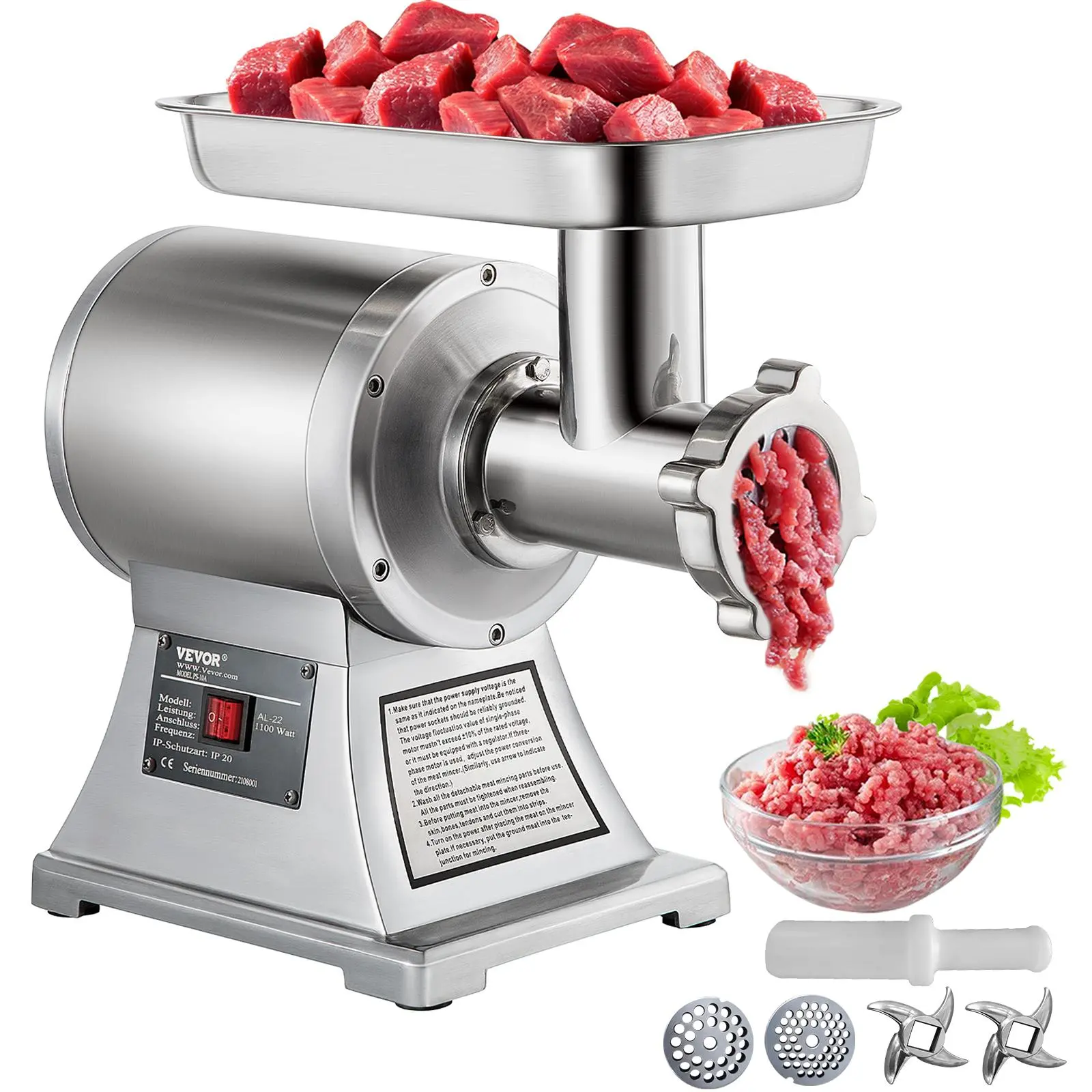 VEVOR Commercial Stainless Steel Meat Grinder Blade Plate with Sausage Stuffer, 450lbs Capacity, 150 kg/330lbs of Meat per Hour Grinding, Metal Build, Easy Cleaning for Company Use, FDA-Approved, 1100W Motor, 193R/Min