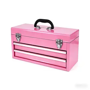 3 Drawers Tool Box,20 inches Portable 3 Drawer Steel Tool Box with Locking System toolbox organization with Liner for Tools Storage (Pink)