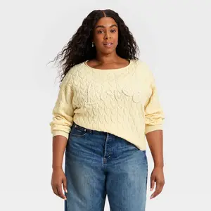 Women's Cozy Wide Crewneck Love Pullover Sweater - Universal Thread Cream 3X