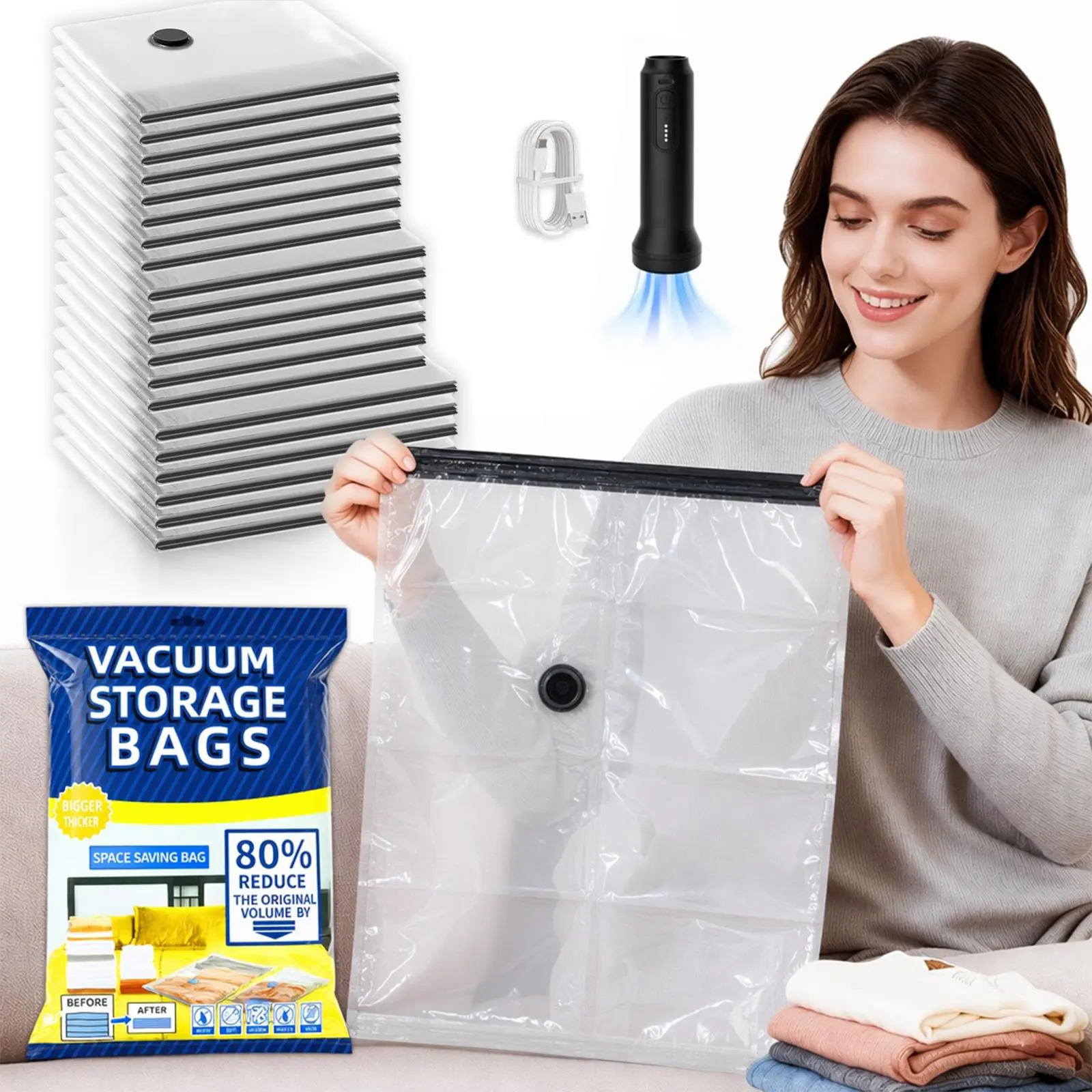Waterproof Reusable Vacuum Storage Bags Compression Bags Cordless Travel Space Saver Clothes Storage 24 Pack 3 Sizes Handheld Electric Pump Thick Tear Resistant Double Zipper Save 80% Space For Suitcase Luggage Comforters