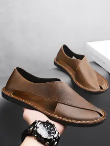 Men's Handmade Fashion Sandals, Pu Leather Sandals, Outdoor Beach Slippers, Large Size Casual Shoes, Summer Daily Wear, Comfortable Breathable Anti-Slip Footwear