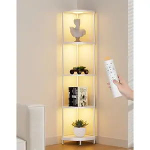 Corner Shelf with RGBCW LED Light, 64.5 Tall Floor Lamp Narrow Bookshelf Organizer, Standing Shelves with Metal Pole, Display Storage Rack for Wall Corner, Living Room, Bedroom, Office Décor, White