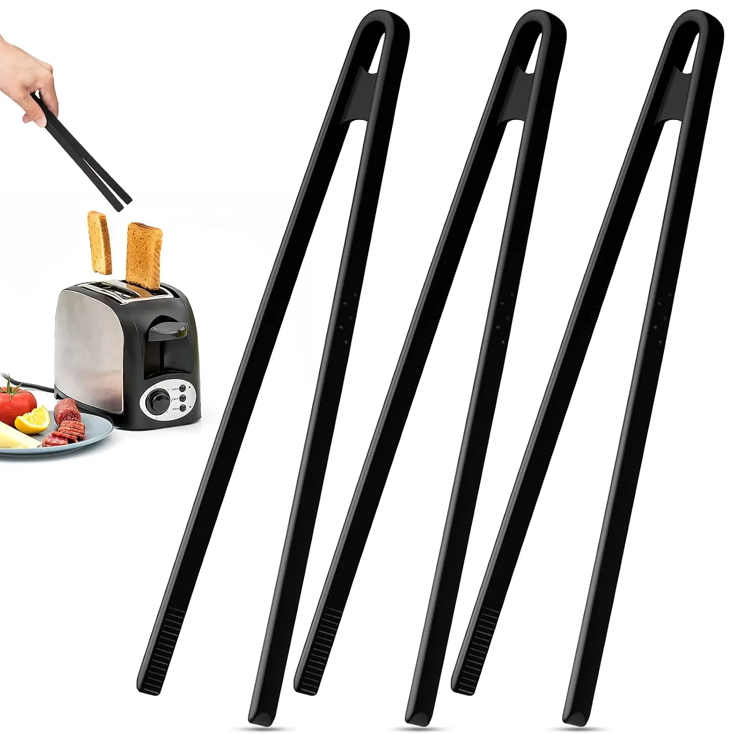 Silicone Trivet Tongs 11.8 Inch Non-Stick Silicone Kitchen Cooking Tongs Heat Resistant Barbecue Grilling Tongs For Pan Fried Steak And Toaster (Black,3 Pieces)