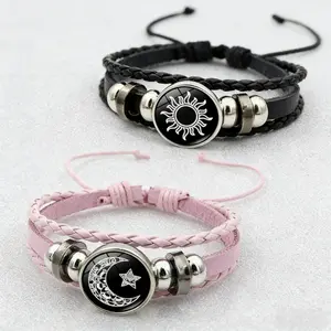 Leather Bracelet Vintage Punk Boho Sun Moon Lovers Multi Layer Beaded Woven Design PU Leather With Glass Accents Matching Couple Jewelry For Daily Wear Anniversary Gift Everyday Statement Accessory