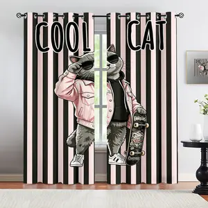 Cute and handsome cat pattern, 2 pieces of curtain set, suitable for living room, balcony, and bedroom windows, perfect for home, seasonal, holiday room decoration