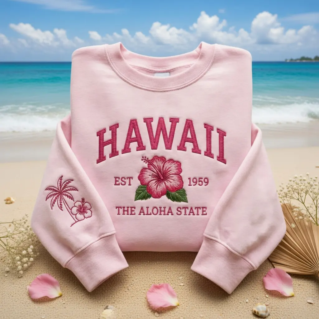 Hawaii Aloha State Embroidered Shirt, Pink Hibiscus Flower Crewneck, Preppy Beach Vacation Shirt, Coconut Girl Summer Aesthetic