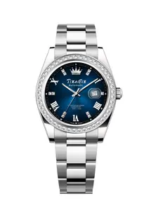 Tinaibin Men's Quartz Watch with Crown Logo, Deep Dial, Diamond Enlarged Calendar, Unique Design, Sapphire Glass, 50m Water Resistant