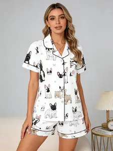 White French Bulldog Print Pajama Set for Women, Button Down Short Sleeve, Spring & Summer Loungewear, Black Trim Accents, Cute Cozy Home Outfit