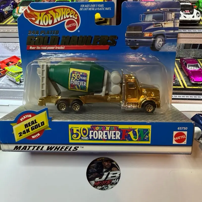 1998 Hot Wheels 24K Plated Gold Haulers Cement Truck, featuring a special "Toys R Us 50 Years Forever"