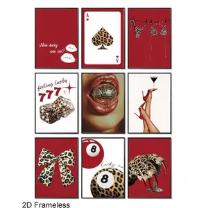 9-piece set, stylish red leopard-print Artistic wall art set, featuring a “Lucky No. 8” ball wall decoration; leopard posters and prints perfect for girls' bedrooms, apartments, and dorm rooms; frameless