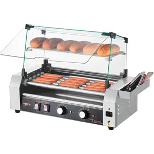 TikTokShopBlackFridayVEVOR Hot Dog Roller, 12 Hot Dog 5 Rollers, Stainless Steel Sausage Grill Cooker, 750W Commercial Hot Dog Machine with Dual Temp Control, Cover, Side Storage Box, Removable Shelf & Oil Drip Tray