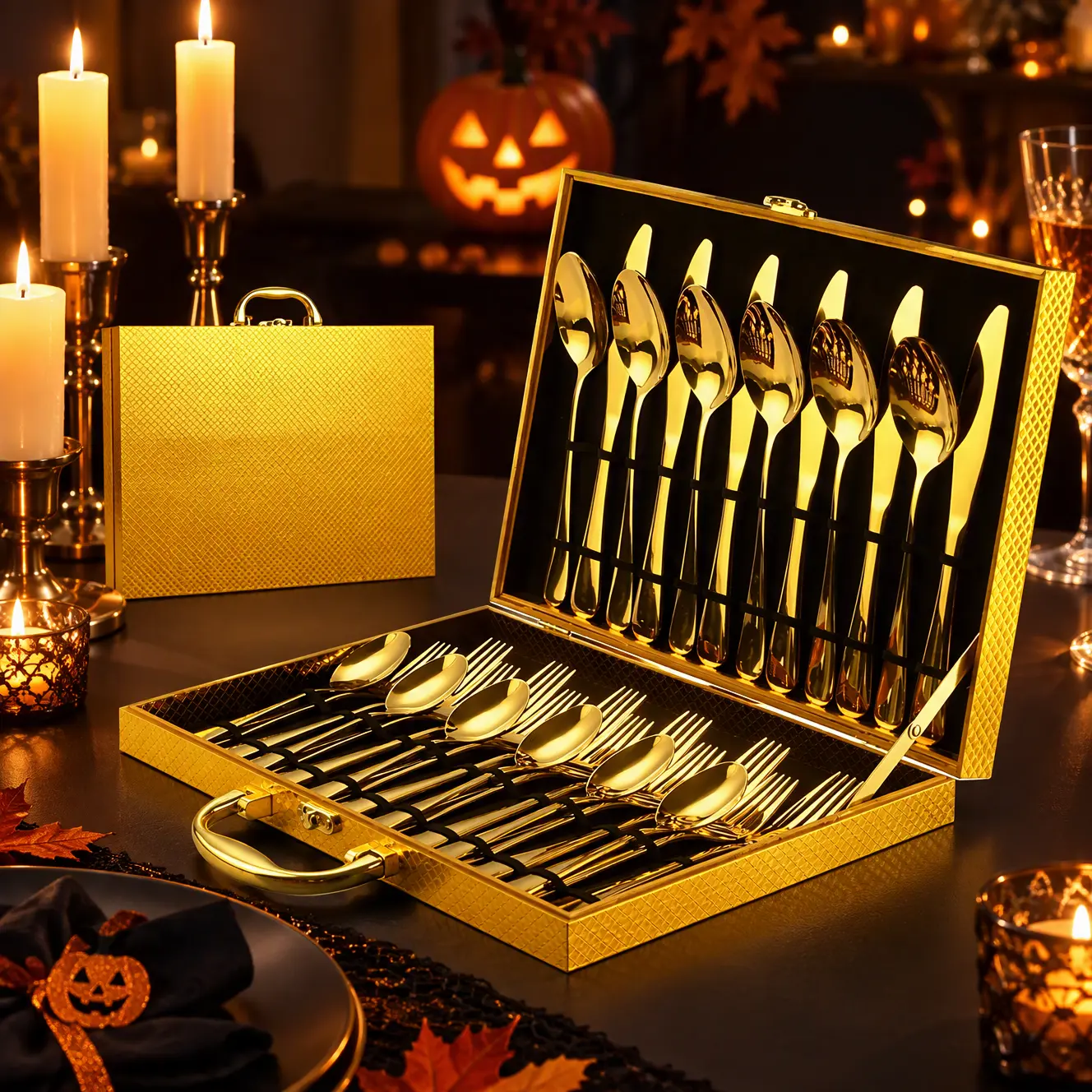 【Halloween Sale】6-Person 30-Piece Oval Cutlery Tableware Set - Golden Aesthetic Food-Grade Stainless Steel, Mirror-Polished, Heavy-Duty, Dishwasher-Safe, Gift Box-Included Classical Dinner Sets for Daily Use & Special Events