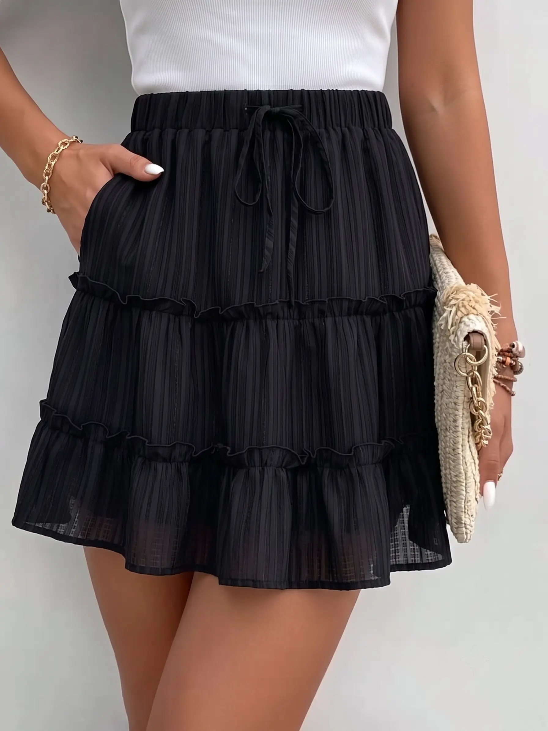 Women's Cute High-Waisted Tiered Smocked Ruffle Mini Bottom - Bohemian Drawstring Adjustable Waist, Lightweight Flowy Fabric, Built-in Lining, Non-See-Through, Flattering Fit, Tropical Beach Daily Wear