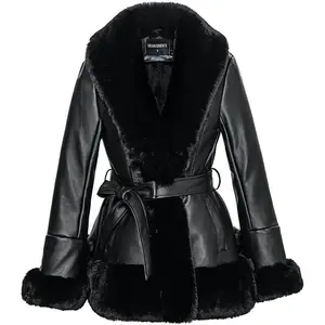 Women's Faux Leather with Faux Fur Collar, Winter Long Sleeve Furry Trim Peplum Parka Coat with Belt