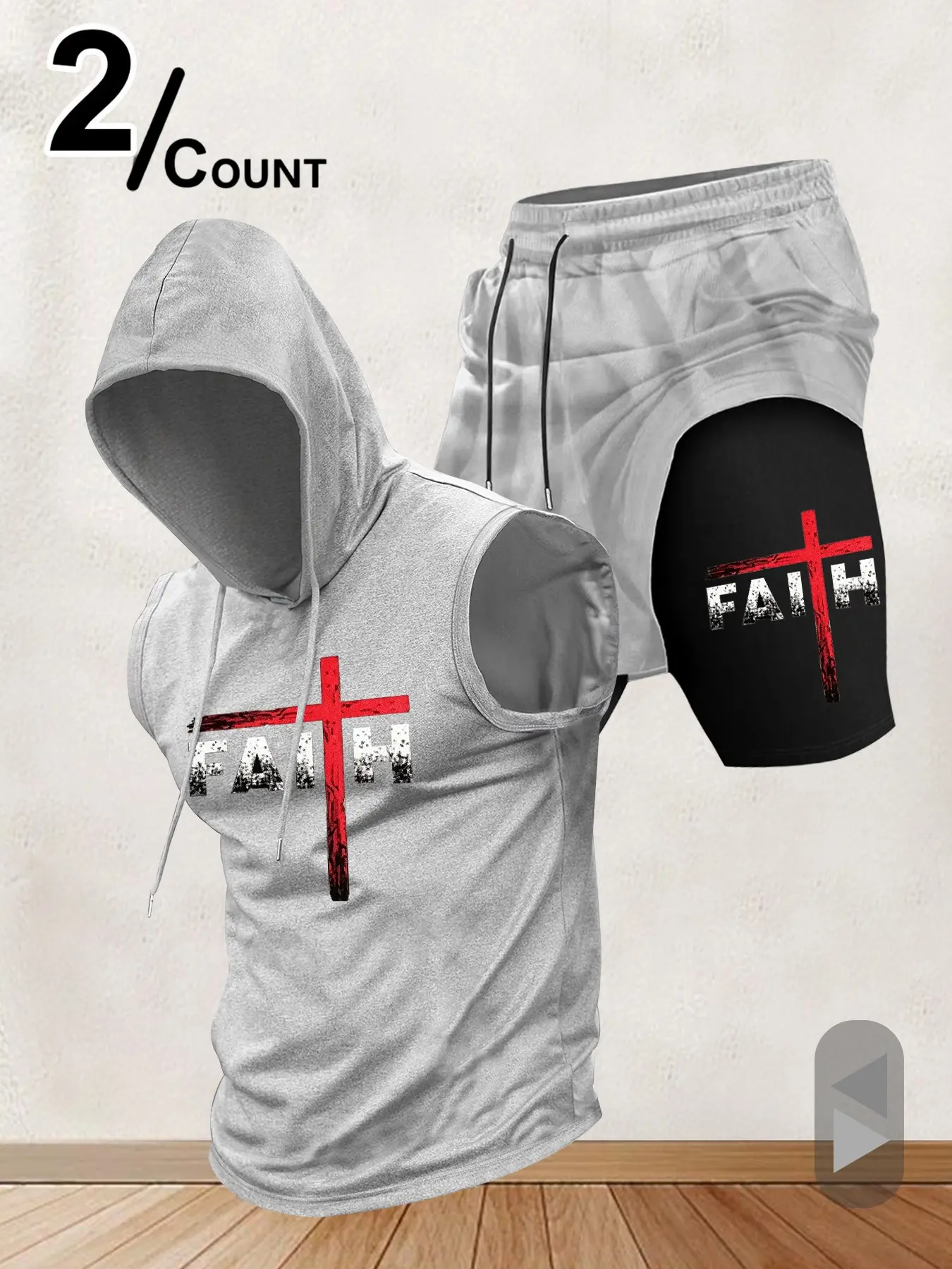 Men's "Faith" Cross Print Sleeveless Hoodie & Shorts 2‑Piece Set, Christian Themed Workout Outfit, Gym Streetwear Tracksuit, Gym Workout Sets, Fitness Clothing#FaithCrossSet #ChristianWorkoutWear #SleevelessHoodieSet #2PieceGymOutfit #TikTokFashion