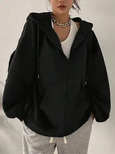 Women's Hooded Long Sleeve Loose-Fit Jacket with Zipper and Drawstring Details, Casual Spring & Fall Fashion Outerwear for Daily Wear