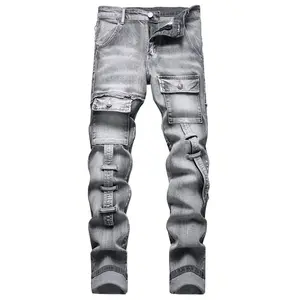 XIMXIMMTIAN Menswear Mens Clothing Denim Men's Jeans - Classical Men's Jeans, Designer Casual Street Tear, Straight Slim Fit, Moto Stretch, Water Washed Retro Motorcycle Red Biker Pants