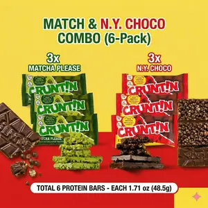 CRUNTIN Low-Sugar High-Protein Bar 6-Pack (Matcha & N.Y. Choco) | 13g Protein per Pack, 1.7 oz*6 Olive Young Popular, Guilt-Free Snack & Meal Replacement