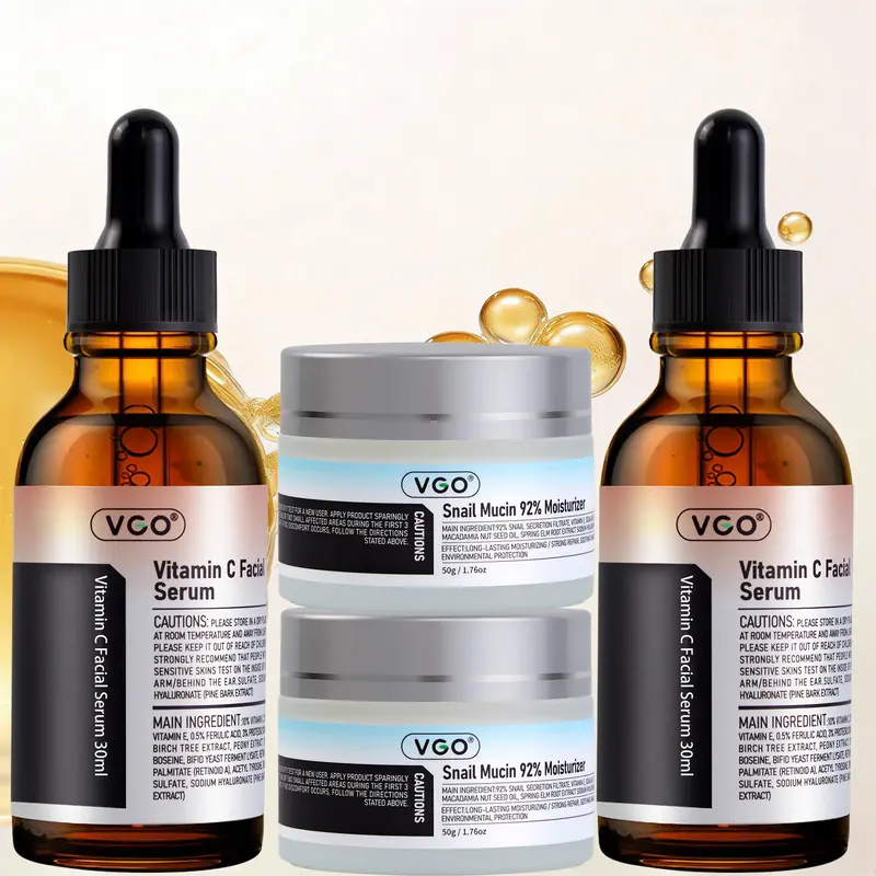 VGO Glow-Boosting Unisex Adult Skincare Set - VC Serum, Essential Oil, 92% Snail Mucin Facial Moisturizer, Acne Treatments, Skin Repair, Dullness Targeting, Post-Sun Soothing, Gentle | Buy 2 Get 2 Free | Anti-Aging, Deep Hydrate for Daily Routine