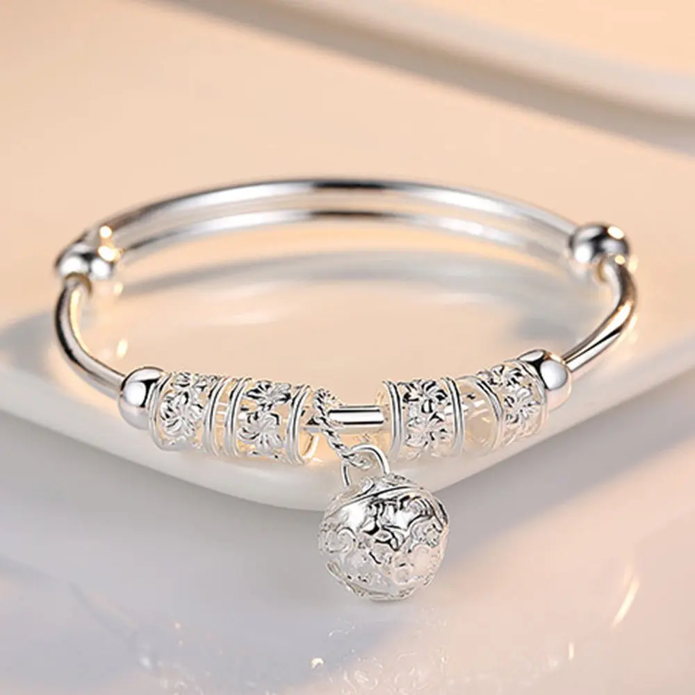 S925 Sterling Silver Bangle for Women, Vintage Hollow Filigree with Bell Charm, Adjustable Sliding Fit, Anniversary Birthday Christmas Gift, Bracelets, Valentine’s Day, Adjustable Slider Bangle, Anniversary Gift, Friendship Day, 6.5Cm