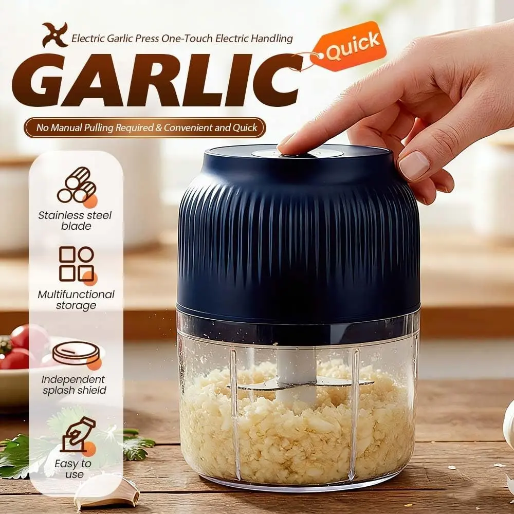 300ML Cordless Electric Garlic Chopper, Vegetable Chopper, 3 Sharp Blades Portable Mini Food Processor, Multifunctional Food Chopper, Rechargeable Veggie Grinder Masher for Garlic Onion Ginger Chili