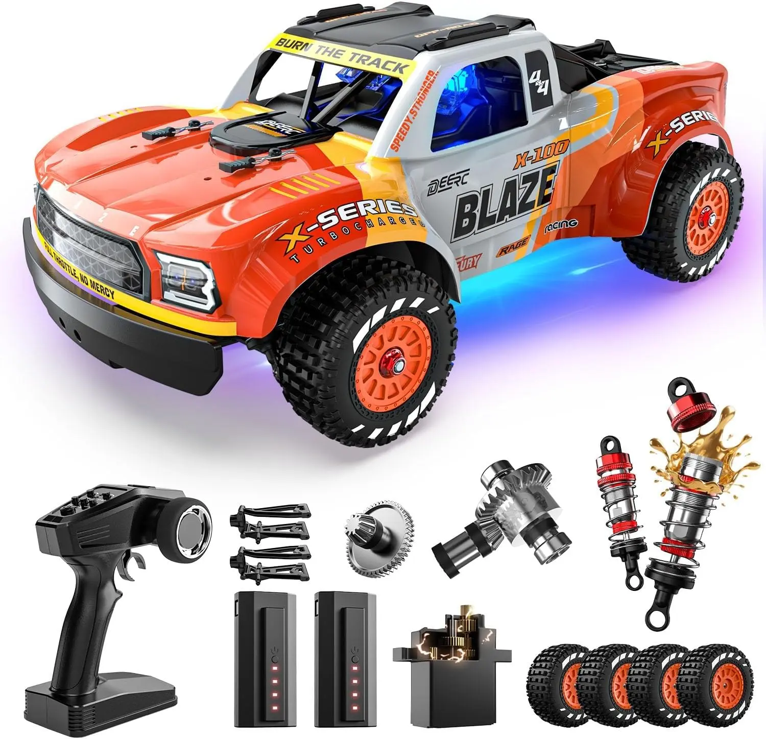 DEERC 1205 1/14 Brushless RC Car Toy Kit, 43 mph Max Speed, Rechargeable 3S Lipo Batteries, 4x4 Electric Off-Roading Truck, Waterproof Monster Truggy, All Terrain Fast Drift Car, Bright LED Lights, Rc Car Kit