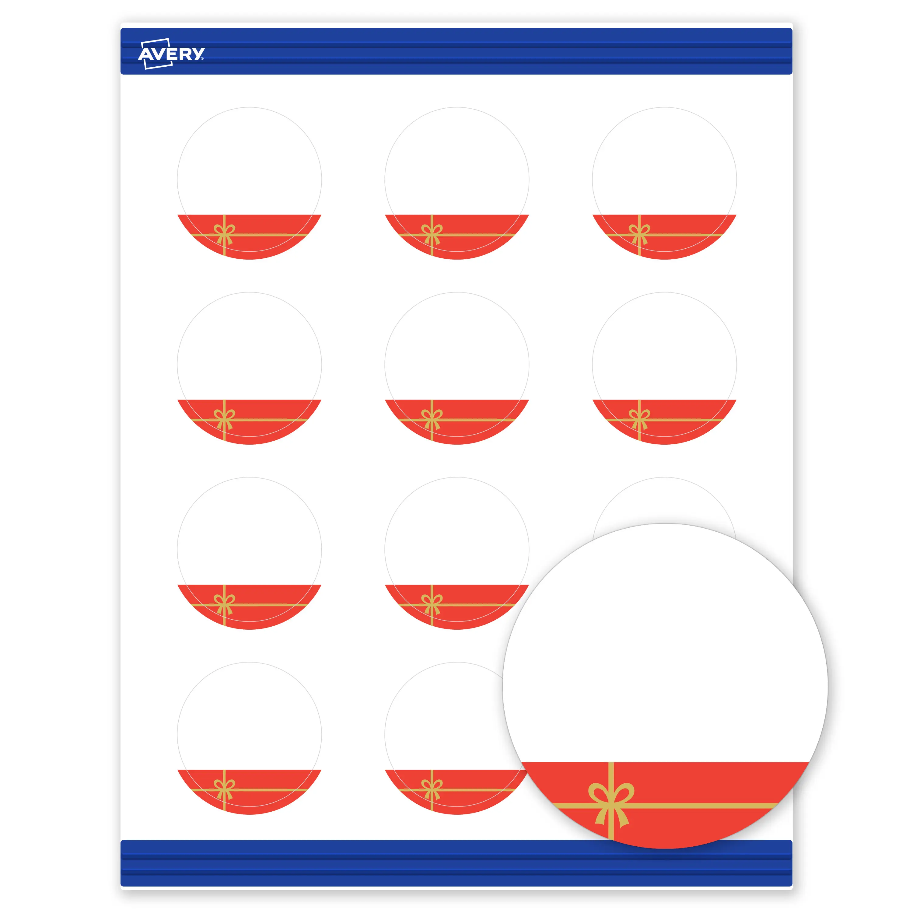 Avery® Printable Christmas Business Cards with Sure Feed® Technology, Round, 2" Diameter, Pre-Printed Red Gift with Metallic Gold Bow Design, Matte White, Laser & Inkjet Compatible, 120 Total