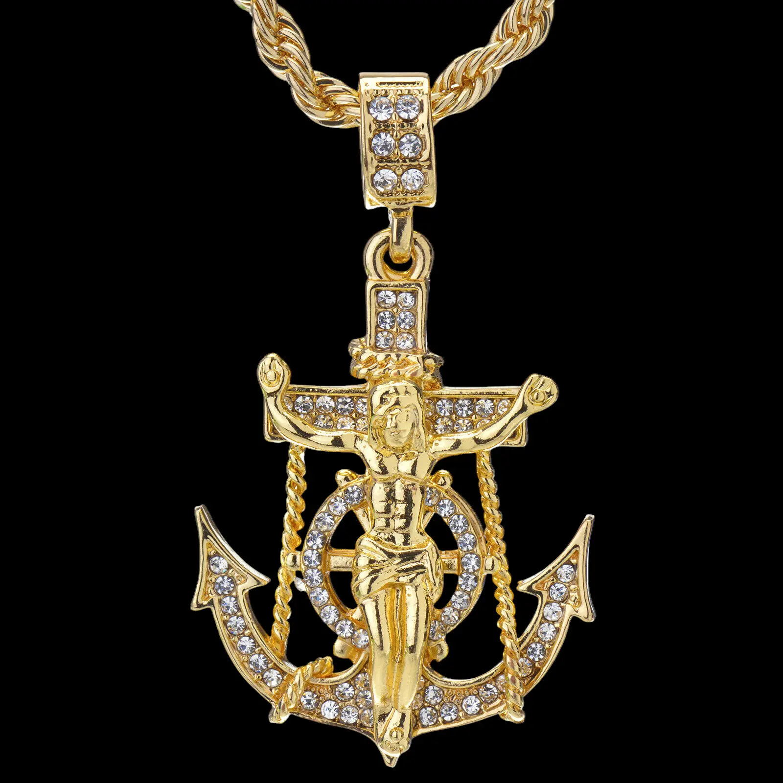 MaxBling81 Iced Jesus Anchor Pendant Faith Necklace, Gold-Silver Coated Metal, 24" Rope Chain, Unisex Iced Out Hip Hop Costume Jewelry Accessory, Iced Out Jewelry