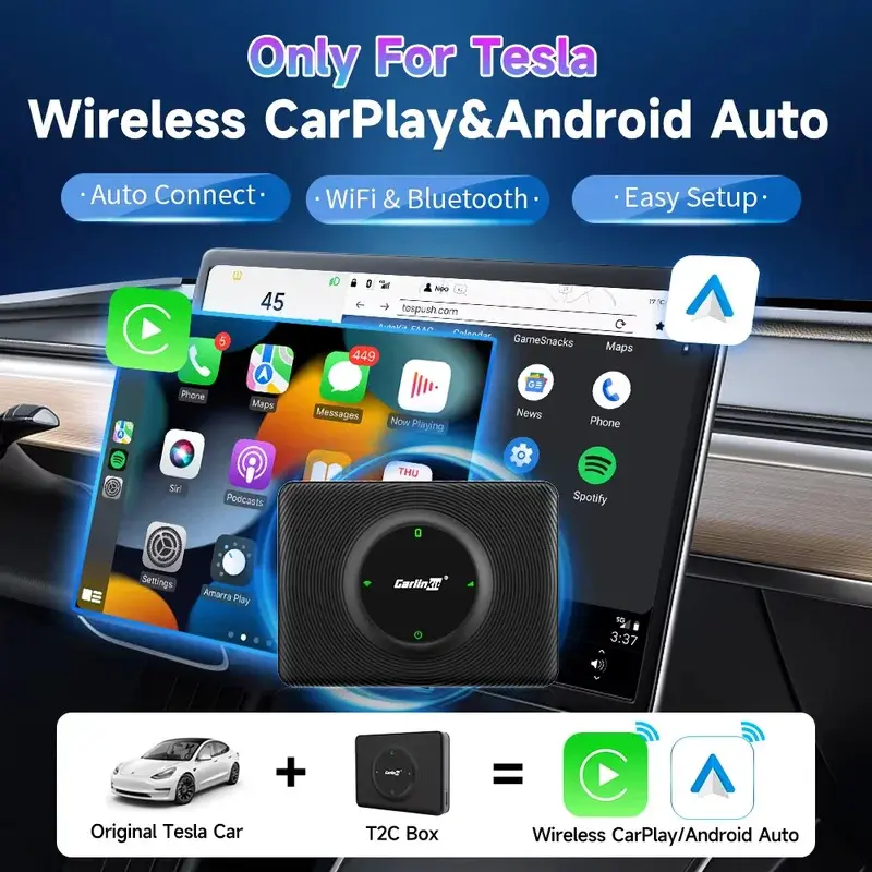 CarlinKit Wireless CarPlay Android Auto For Tesla Model 3 Model X Y Model S Auto Connect Siri Voice Assistant Spotify Waze 5G BT, Voice Control, Dual Wifi Bands