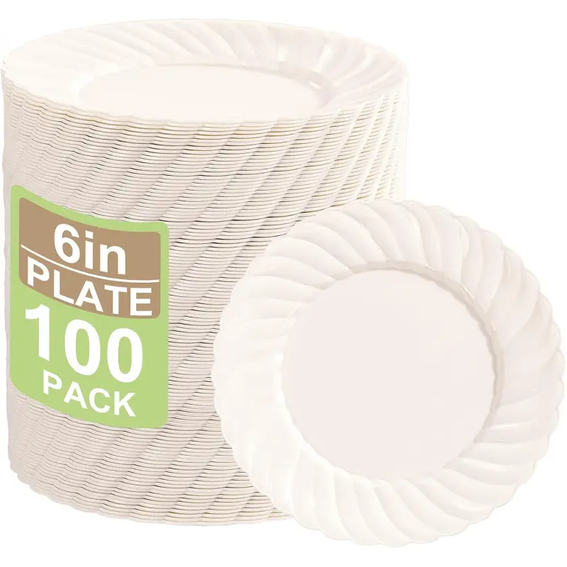 100-Count 6-Inch Ivory Plastic Scalloped Dessert Plates - Disposable, Premium, Heavy-Duty Party Supplies for Weddings, Party Events