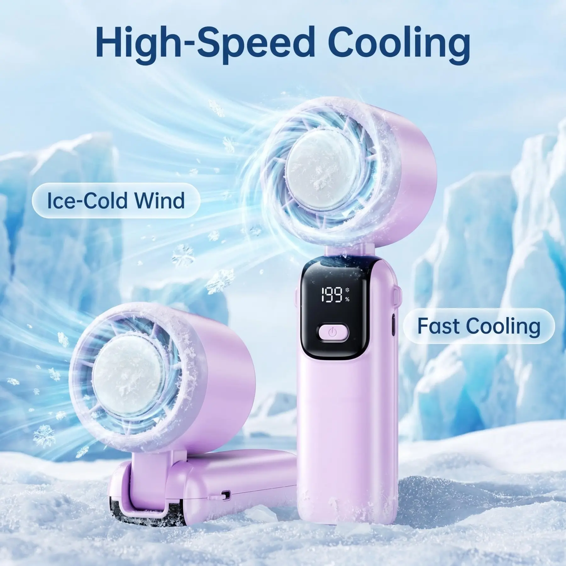 Portable USB Rechargeable Collapsible Handheld Turbo Fan with Ice Cooler, LED Display, USB Port, 1-199 Adjustable Speeds, 20000 RPM, Space-Saving Lightweight Small Pocket Fan, Lanyard Included for Travel, Outdoor Activities, Purple