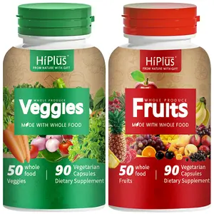 HiPlus Fruits and Veggies Supplement - 90 real Fruit and 90 Veggie Capsules,  Energy Levels, High Lycopene, Vitamins & Minerals - daily vitality vitamins support postbiotic Dietary Fitness Healthcare absorption magnesium oz vitamin