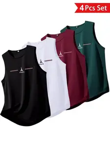 4 Pack Men's Letter Print Sleeveless Top, Sporty Fitted Casual Wear, Breathable Summer, Daily Fashion