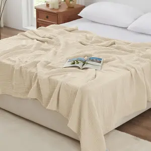 100% Cotton Muslin Blanket, 6 Layer Lightweight Breathable Gauze King Size 108 x 90 Inches, Soft Summer Blanket for Bed, Beige