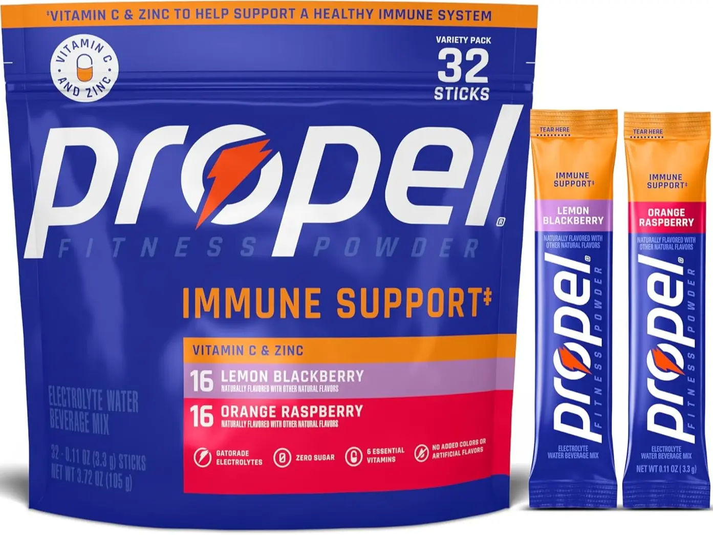 Propel Immune Support Electrolyte Powder Drink Mix, 2-Flavor Variety Pack, 32 Servings, 100% DV Vitamin C, Good Source of Zinc, 0 Sugar, No Added Colors, No Artificial Flavors