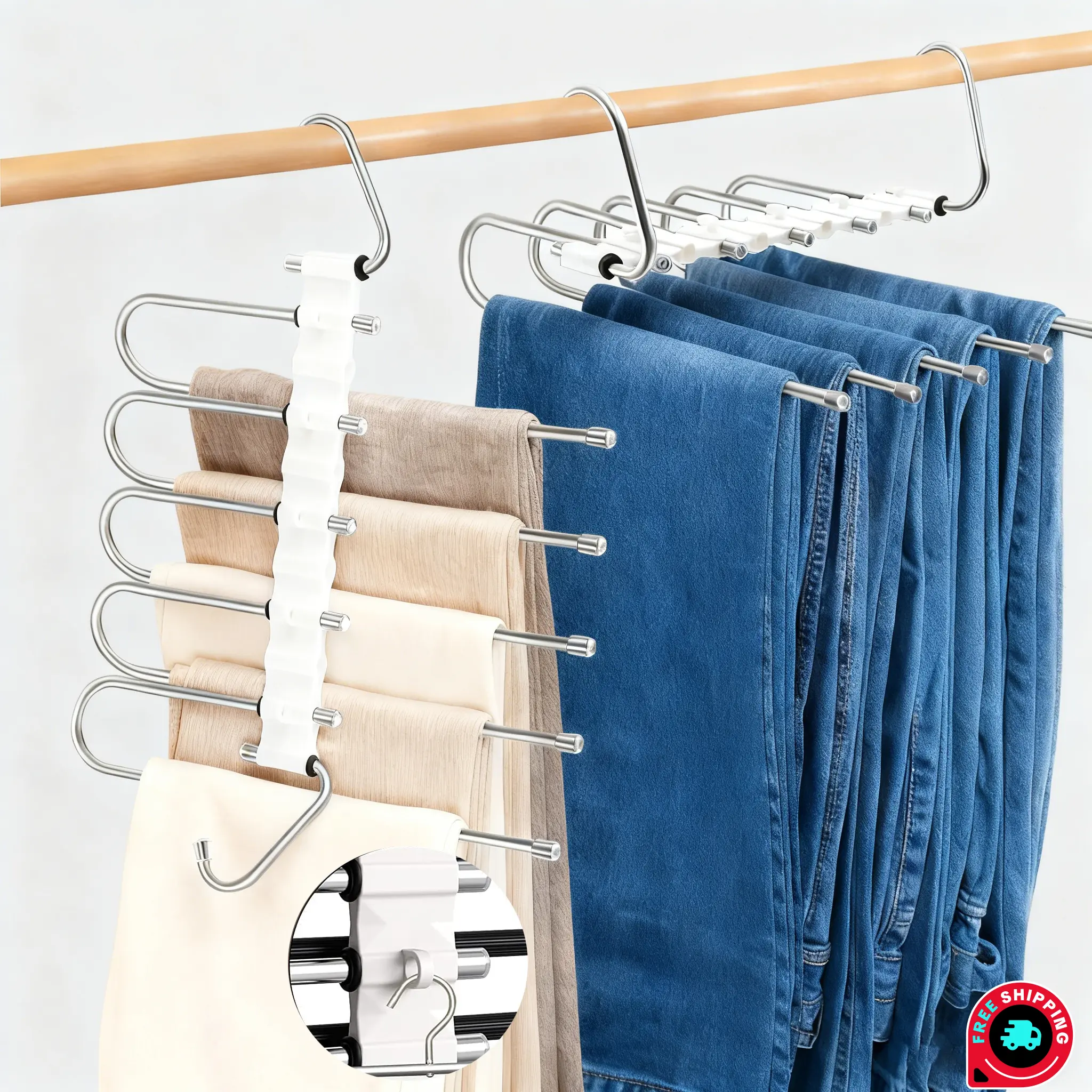 Multifunctional Stainless Steel Foldable Pants Hangers with Side Hook, 5-Layer Non-Slip Vertical Stack Hold, High-Tenacity Closet Organizers for Home Storage (1/2 Pack)