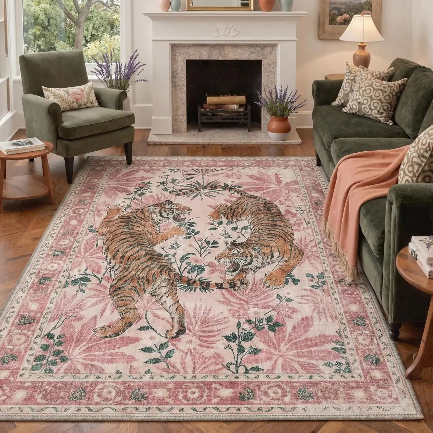 【Deals For You Days】GENIMO Tiger Print Area Rugs, Boho Vintage Oriental Living Room Rug, Non Slip Washable Rug Stain Resistant, Low Pile Thin Soft Animal Botanical Carpet for Bedroom, Dining Room, Office