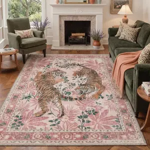 【Deals For You Days】GENIMO Tiger Print Area Rugs, Boho Vintage Oriental Living Room Rug, Non Slip Washable Rug Stain Resistant, Low Pile Thin Soft Animal Botanical Carpet for Bedroom, Dining Room, Office, Pink