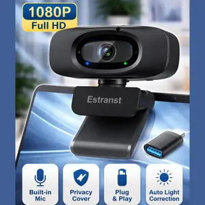 Estranst 1080P Webcam with Microphone & Privacy Cover USB Plug & Play for PC Laptop Auto Light Correction HD Web Camera for Video Calls Streaming Gaming Zoom Online Meetings